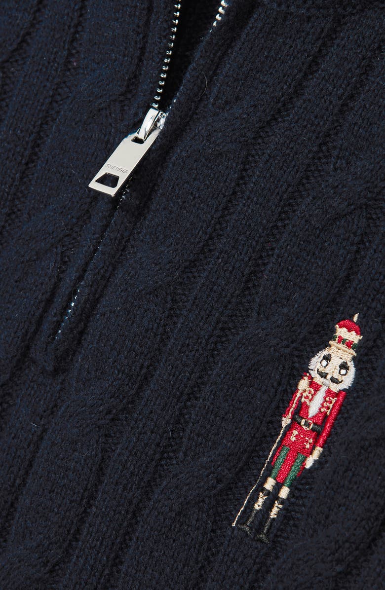 Reiss Kids' Nollaig Embroidered Nutcracker Cabled Quarter Zip Sweater, Alternate, color, Navy Blue