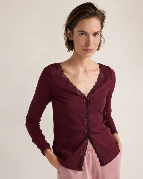 Organic Cotton Rib Knit Lace Cardigan