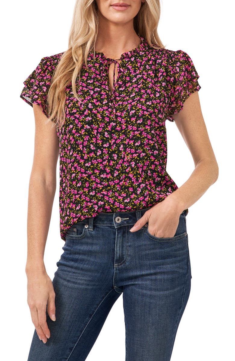 CeCe Flutter Sleeve Floral Print Top, Main, color,