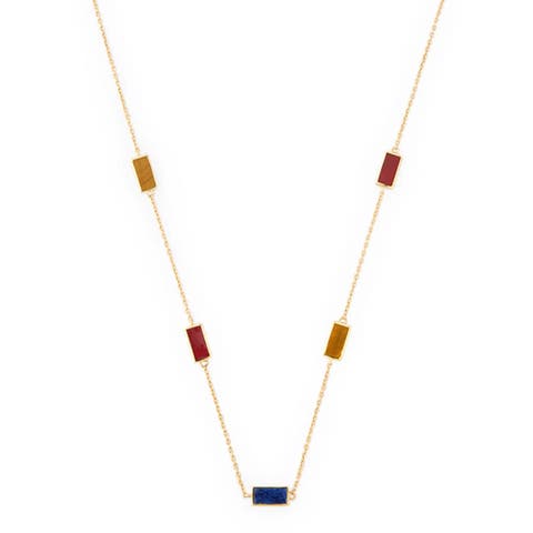 Multi Gemstone Five Stations Rectangle Dash Necklace In Sterling 18K Gold Overlay