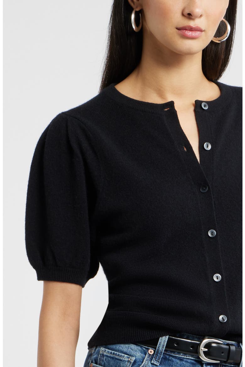 Puff Sleeve Cashmere Cardigan, Alternate, color, BLACK ROCK