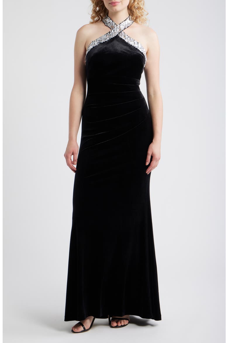 Rhinestone Detail Velvet Sheath Gown, Main, color, BLACK