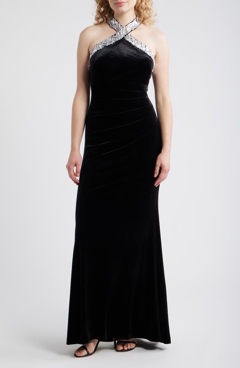 Eliza J Rhinestone Detail Velvet Sheath Gown, Main, color, Black