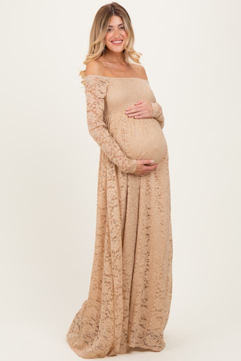Floral Lace Long Sleeve Off Shoulder Maxi Dress