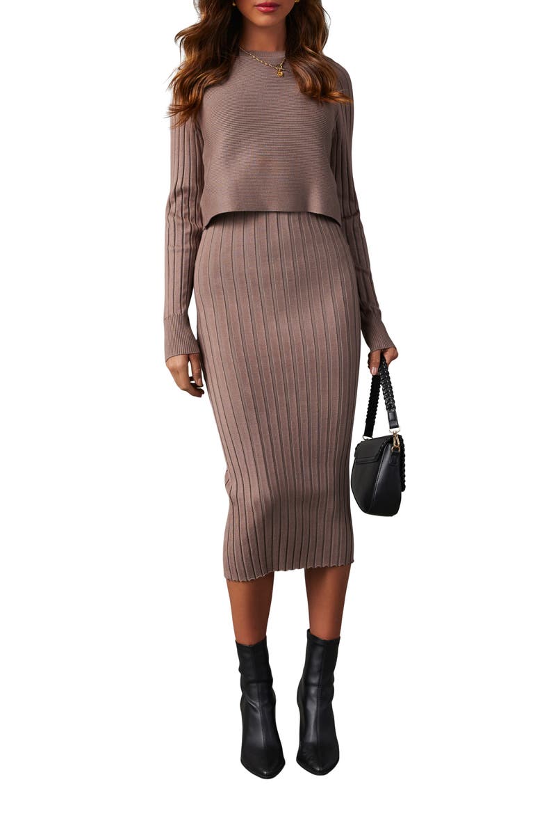 Full of Surprises Long Sleeve Rib Sweater Dress, Main, color, TAUPE