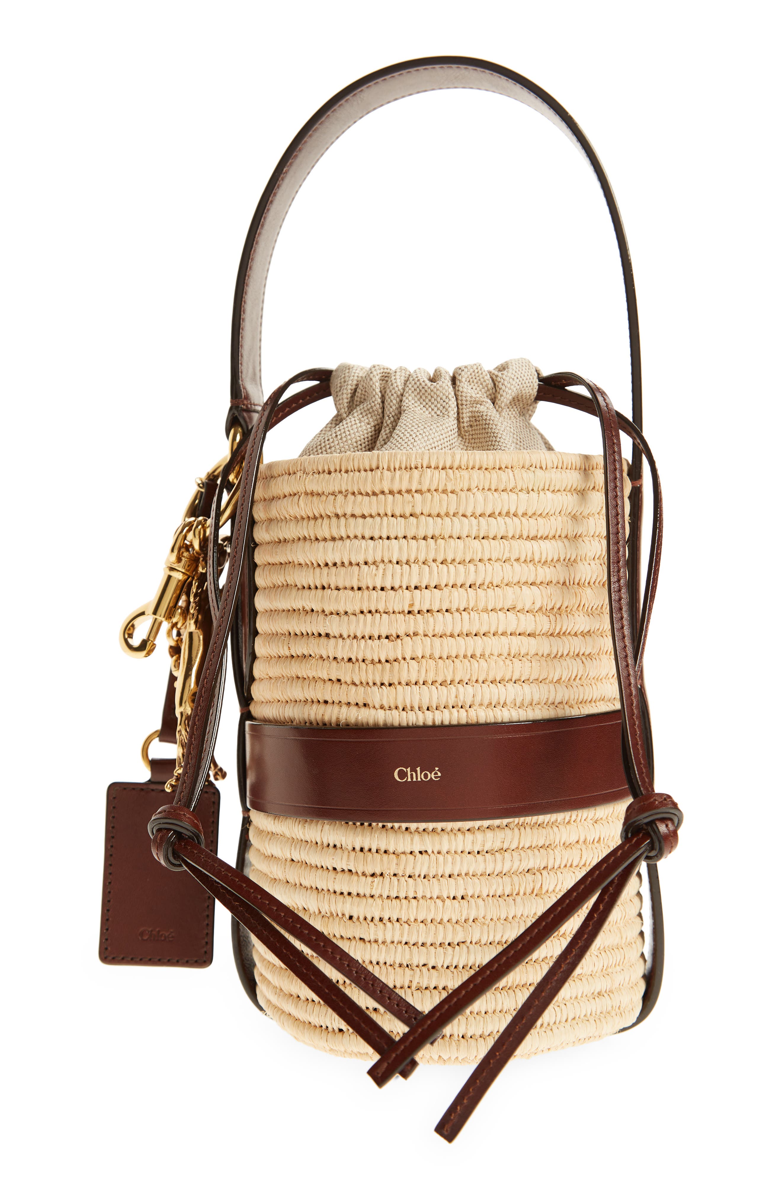 Chloé Small Kerala Straw & Leather Bucket Bag, Main, color, 