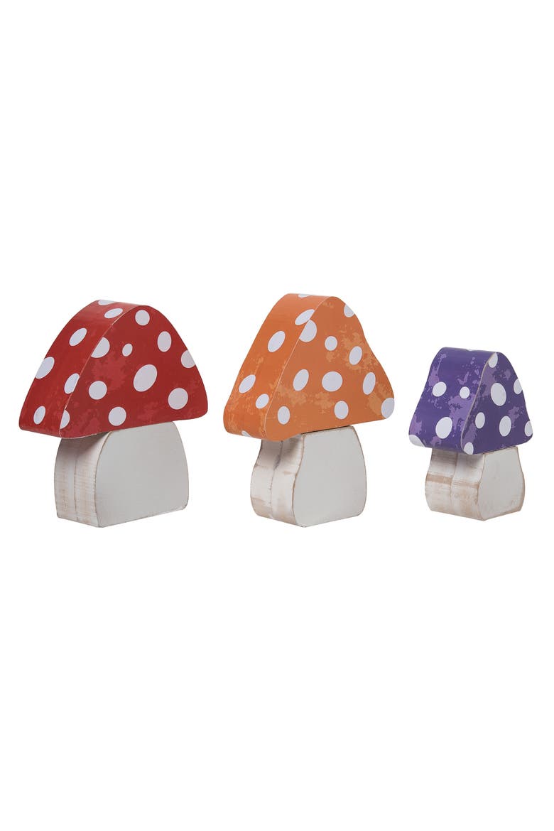 6.69 Inch Multicolor Spring Chunky Mushroom Block Decor Set of 3 Wooden Decorative Objects for Spring, Alternate, color, Multicolored