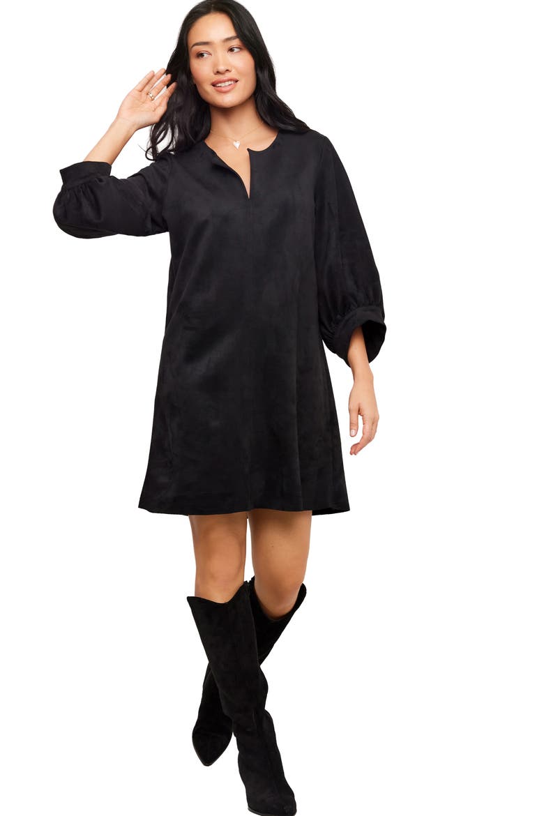 Faux Suede Puff Sleeve Dress, Alternate, color, BLACK