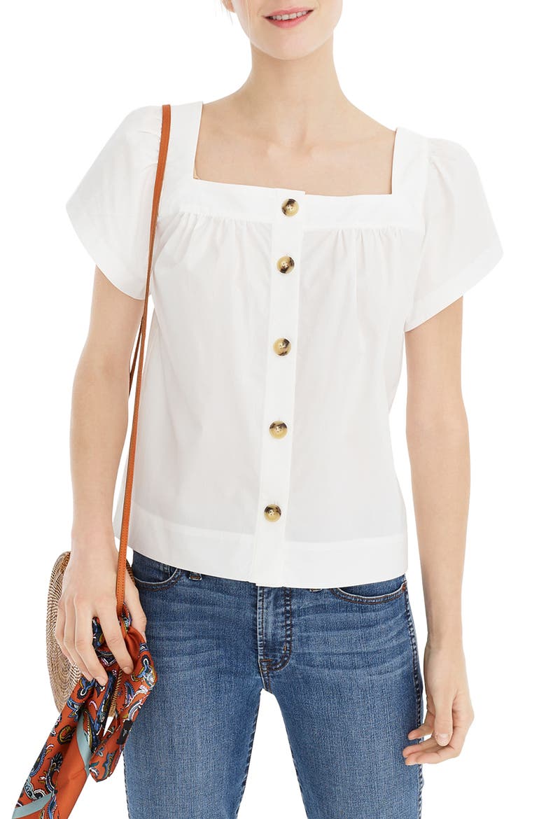 Point Sur Button Front Square Neck Cotton Poplin Top, Main, color, WHITE