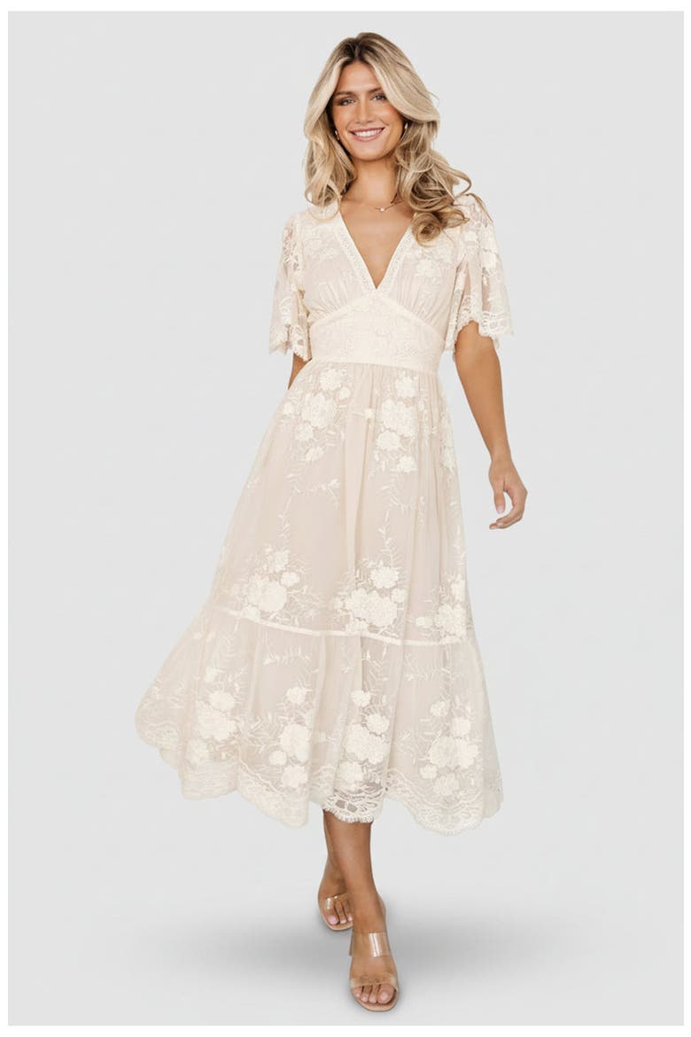 cream lace midi dress Lulus | White Crissa Cream Lace Textured Puff Sleeve Midi Dress | Womens | Medium