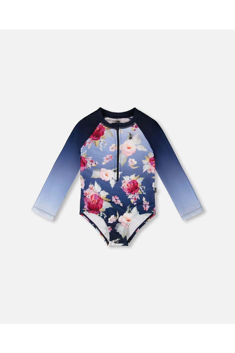 One-Piece Long Sleeve Rose Rashguard, Main, color, Blue with Roses Print