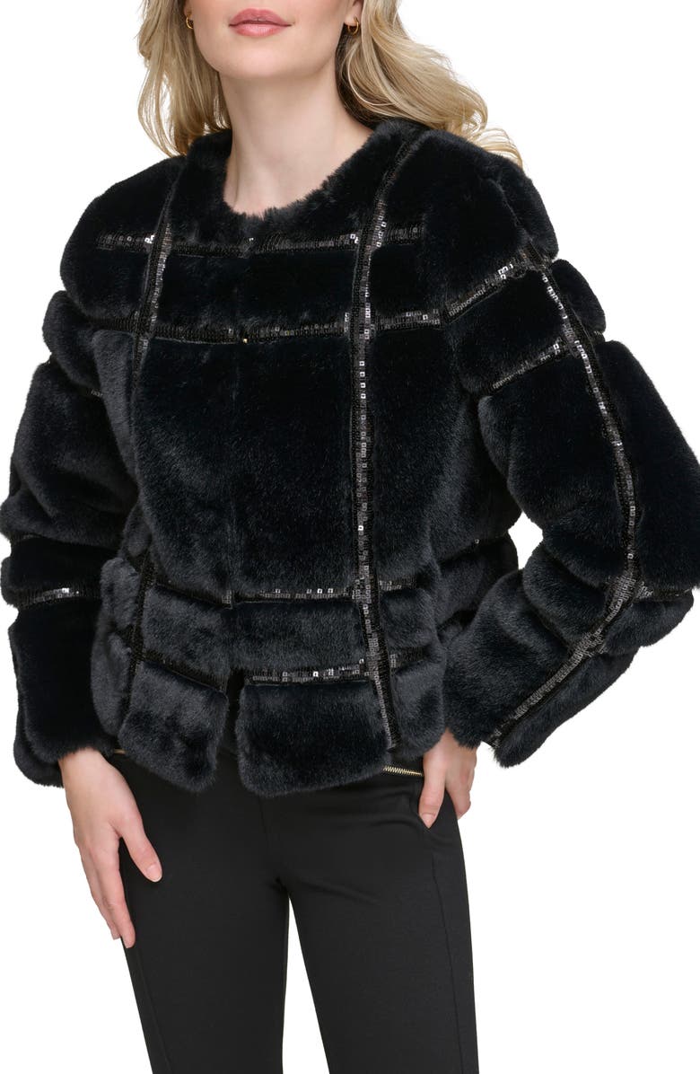 KARL LAGERFELD PARIS Sequin Quilted Faux Fur Jacket, Main, color, 