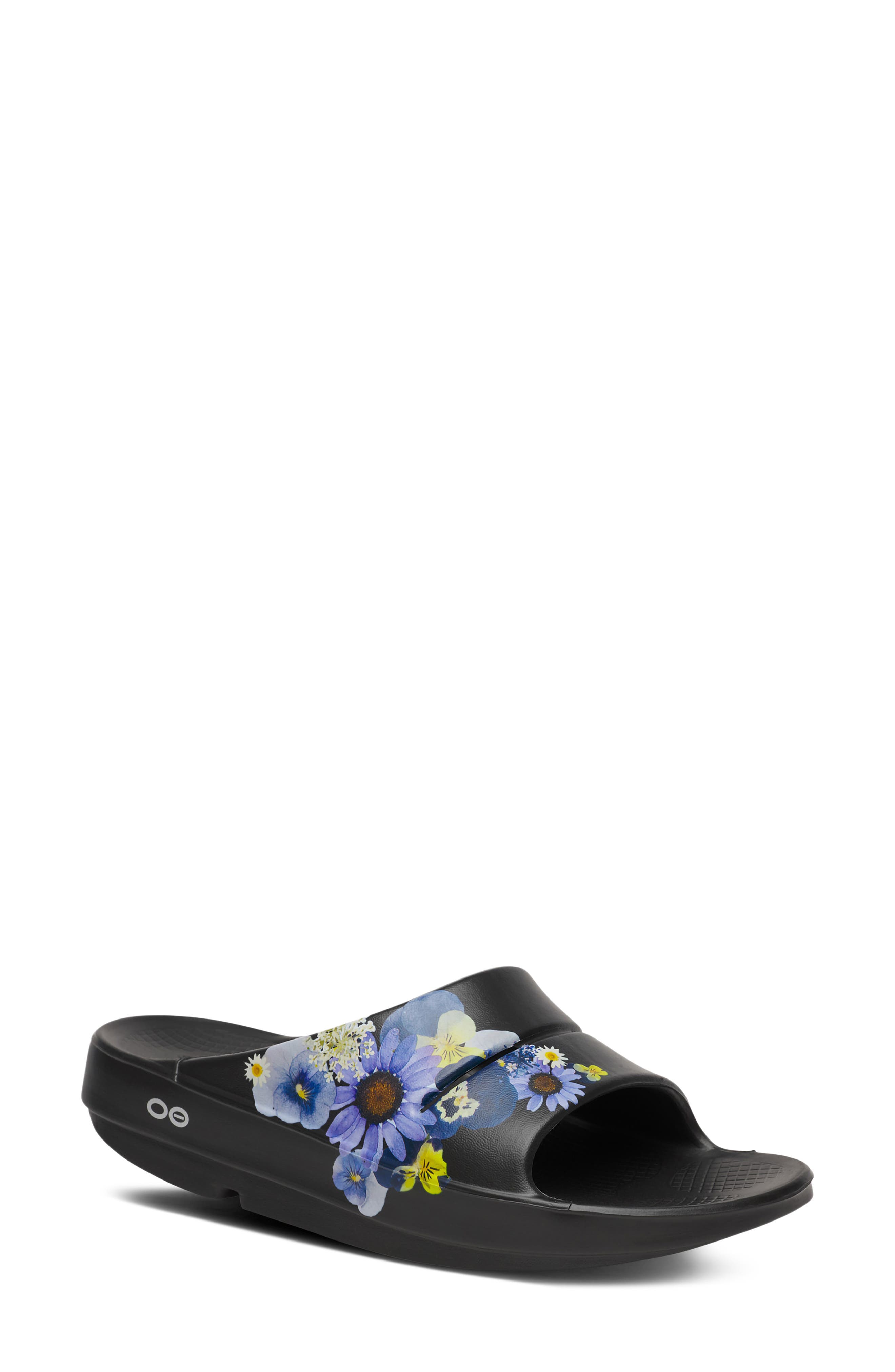 Oofos OOahh Limited Edition Slide, Main, color, Black Blossom