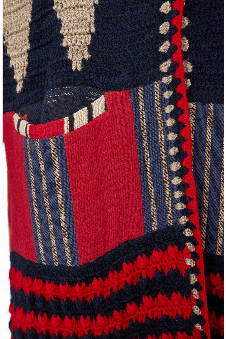 Geometric Crochet Longline Cardigan, Alternate, color, RED MULTI