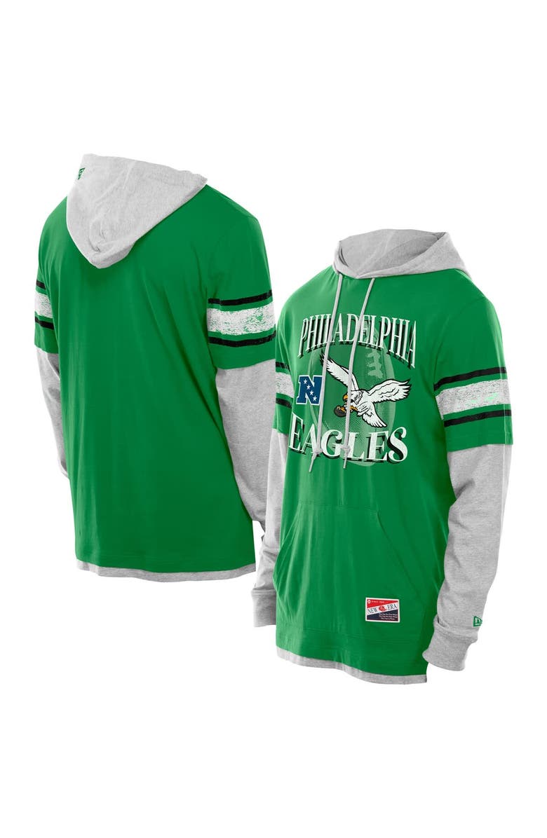 New Era Men's New Era Kelly Green Philadelphia Eagles Twofer Layered Long Sleeve Hoodie T-Shirt, Main, color,