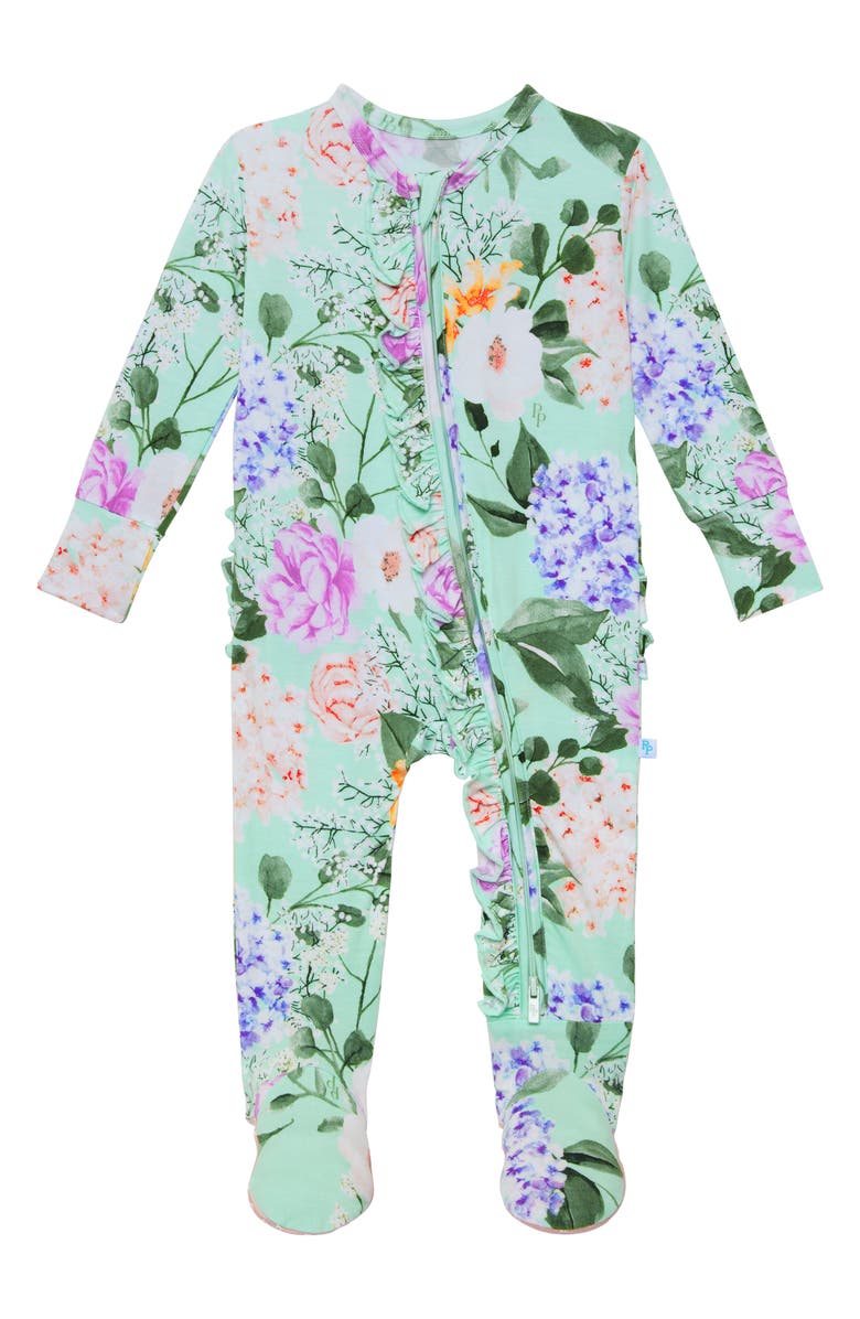 Posh Peanut Erin Jeanette Ruffle Fitted Footie Pajamas, Main, color,
