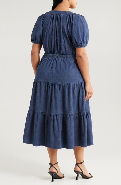 Anne Klein Petite Puff-sleeve Tiered Denim Midi Dress In Blue