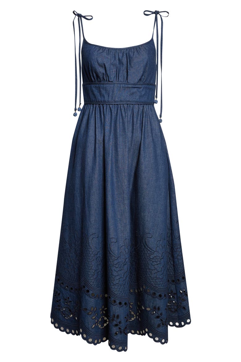 Mohan Broderie Anglaise Trim Denim Midi Dress, Alternate, color, INK