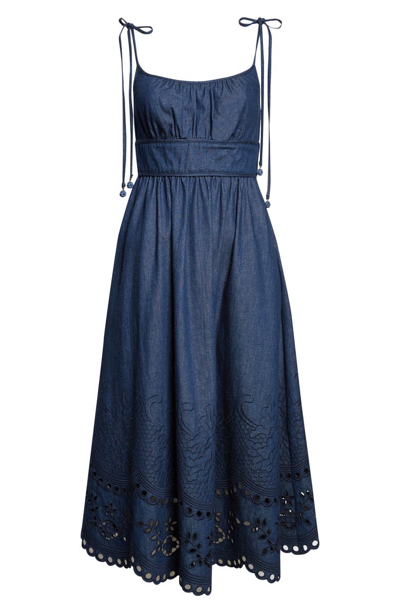 Zimmermann Mohan Broderie Anglaise Trim Denim Midi Dress, Alternate, color, Ink
