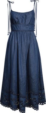 Zimmermann Mohan Broderie Anglaise Trim Denim Midi Dress