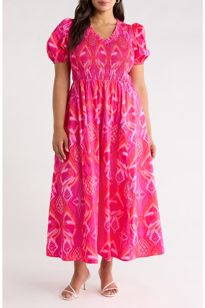 Prissa Ikat Brenty Smocked Maxi Dress, Main, color, MAGENTA-CORAL