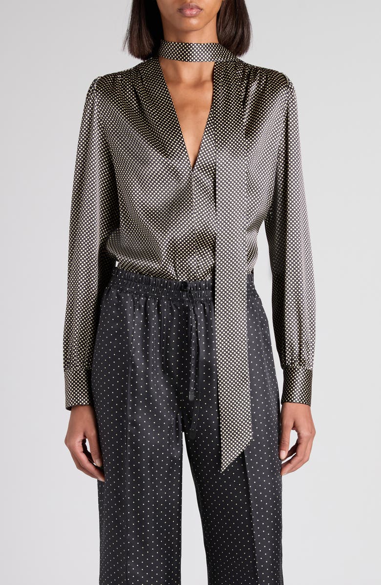 TOM FORD Polka Dot Stretch Silk Lavalliere Button-Up Shirt, Main, color, Zblaw Black/ White