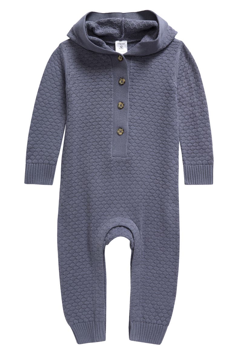 Hooded Pointelle Sweater Romper, Main, color, GREY FOLKSTONE