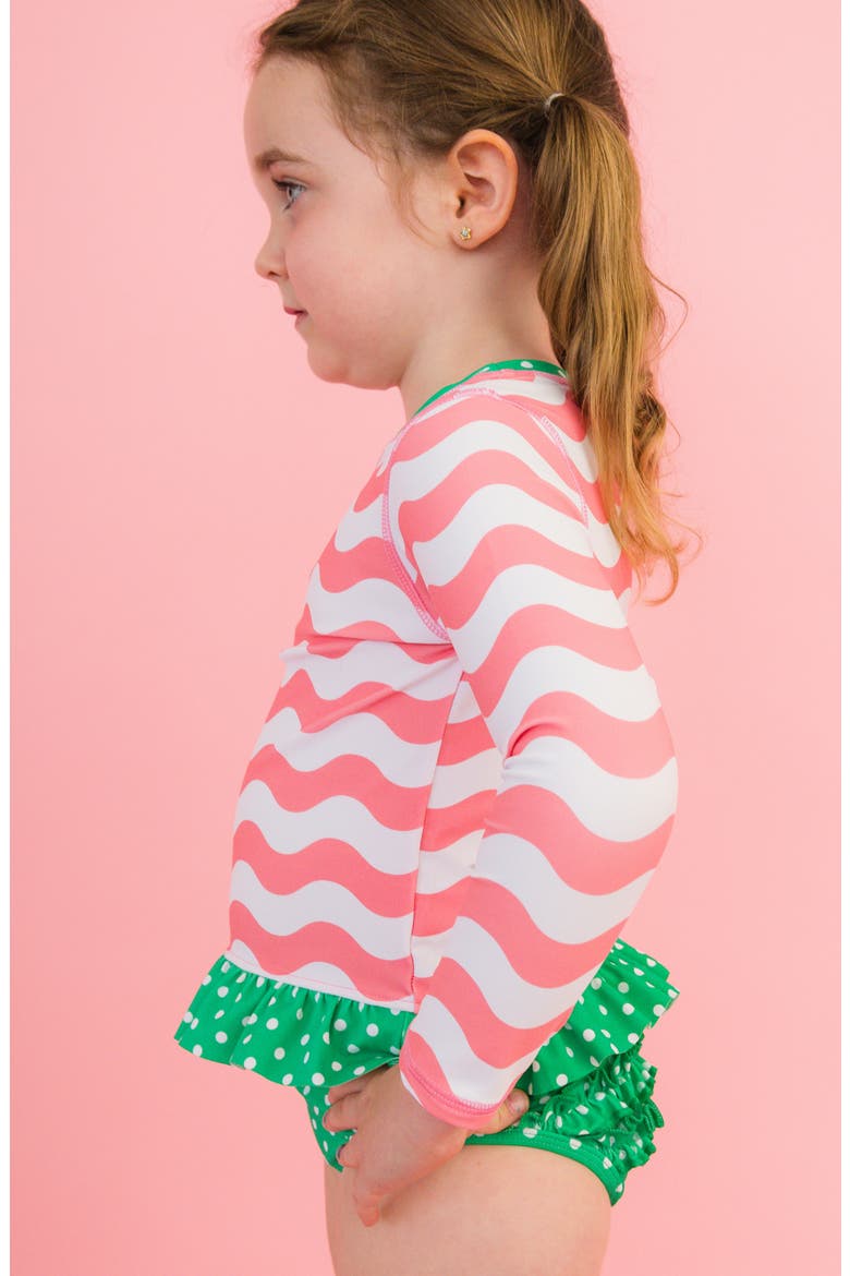Kids' Bubblegum Wavy Stripe Long Sleeve Peplum UPF 50+ Two-Piece Rashguard Swimsuit, Alternate, color, PINK