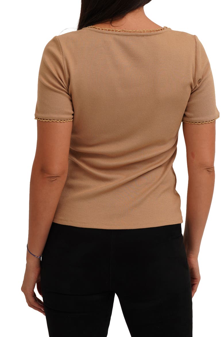 Scallop Trim Short Sleeve Ribbed Top, Alternate, color, WARM SAND