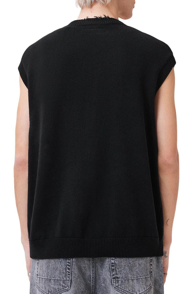 AllSaints Scripture Distressed Graphic Button-Up Sweater Vest, Alternate, color, Black/ Ecru White