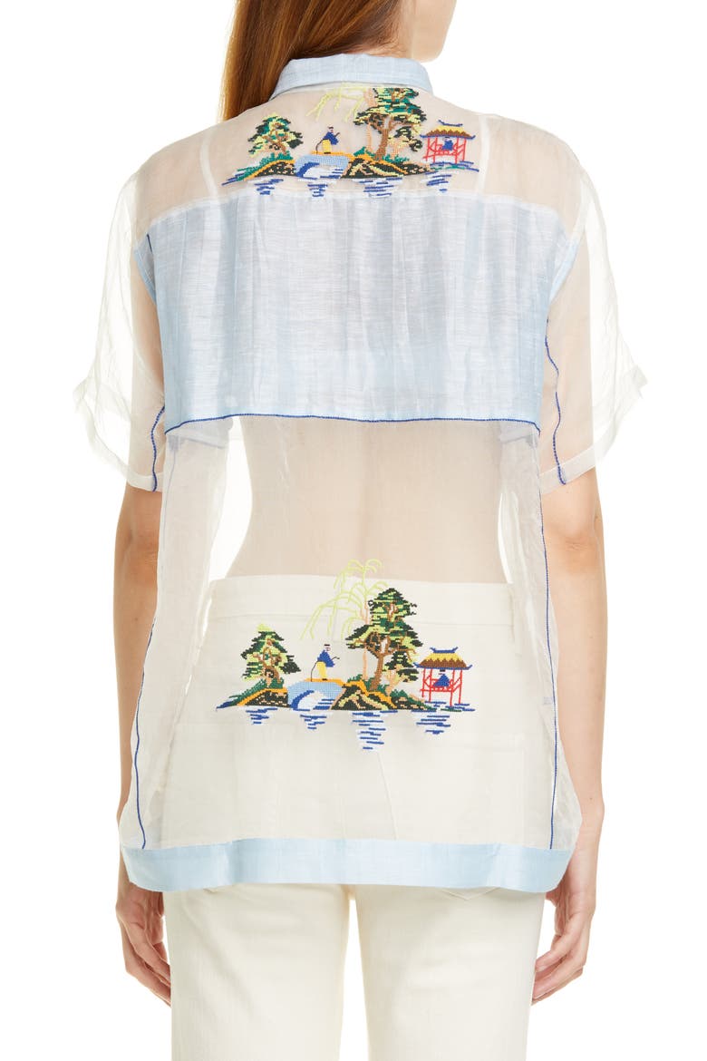 Pagoda Scene Sheer Silk Organza Shirt, Alternate, color, LIGHT BLUE