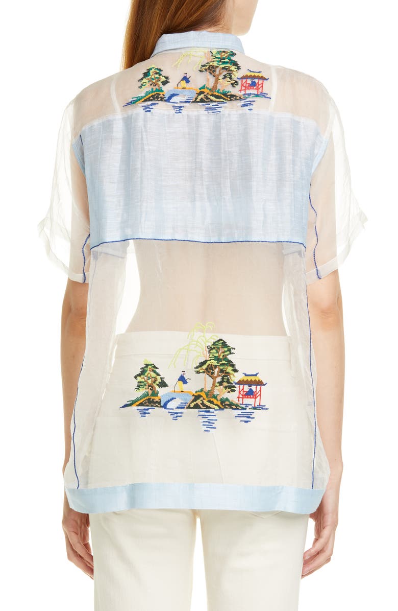 Bode Pagoda Scene Sheer Silk Organza Shirt, Alternate, color, 