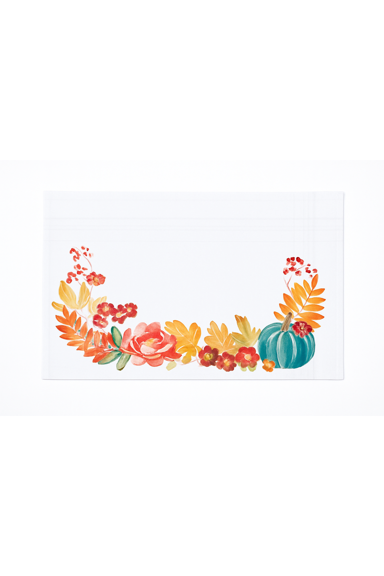 Harvest Teal Pumpkin Flower Leaves Cloth Placemats Set of 6 Autumn, 14" x 20", Main, color, Beige