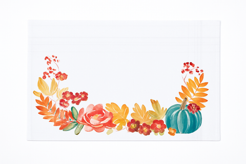 Harvest Teal Pumpkin Flower Leaves Cloth Placemats Set of 6 Autumn, 14" x 20"