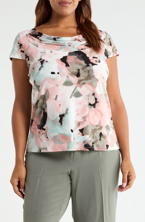 Blurred Floral Print Cowl Neck Top