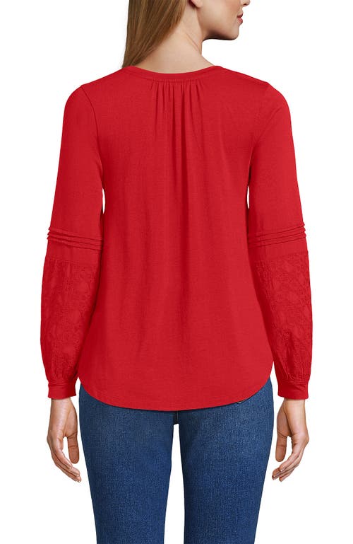 Lands' End Lightweight Jersey Lace Mix Long Sleeve Pintuck Top In Red
