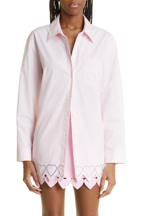 Oversize Embellished Heart Trim Cotton Button-Up Shirt