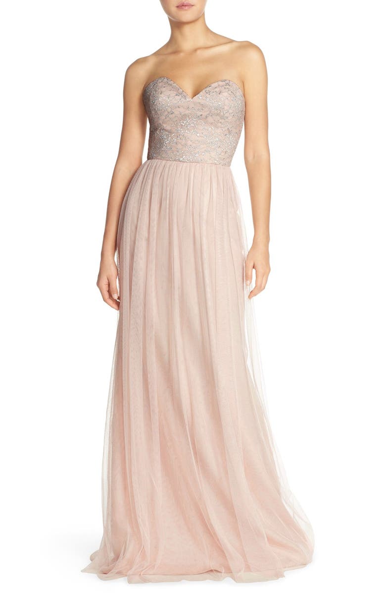 Hayley Paige Occasions Strapless Metallic Lace & Net Gown, Main, color,