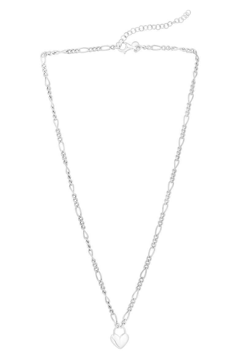 Rhodium Plated Sterling Silver Figaro Chain Heart Pendant Necklace, Alternate, color, RHODIUM WHITE