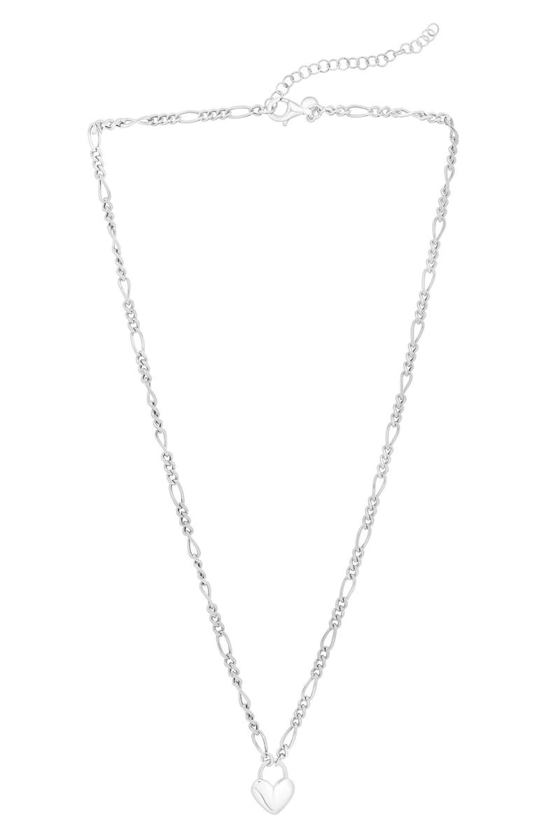 KARAT RUSH Rhodium Plated Sterling Silver Figaro Chain Heart Pendant Necklace, Alternate, color, Rhodium White