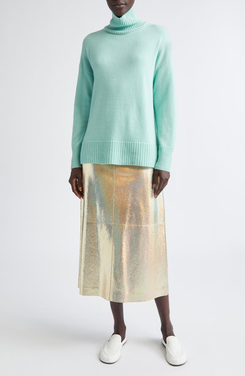 Lafayette 148 New York Metallic Stardust Suede A-Line Midi Skirt, Alternate, color, Halo Yellow Metallic