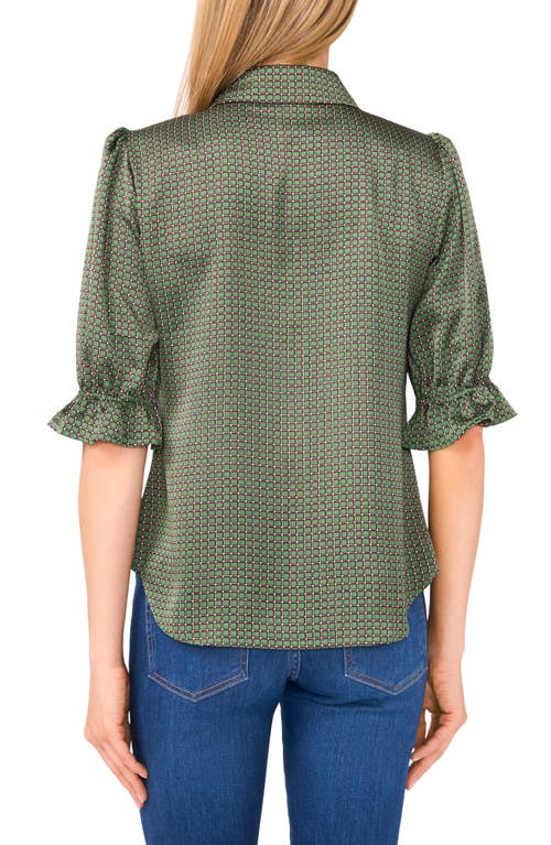 Cece Geo Print Elbow Sleeve Button-up Satin Shirt In Green