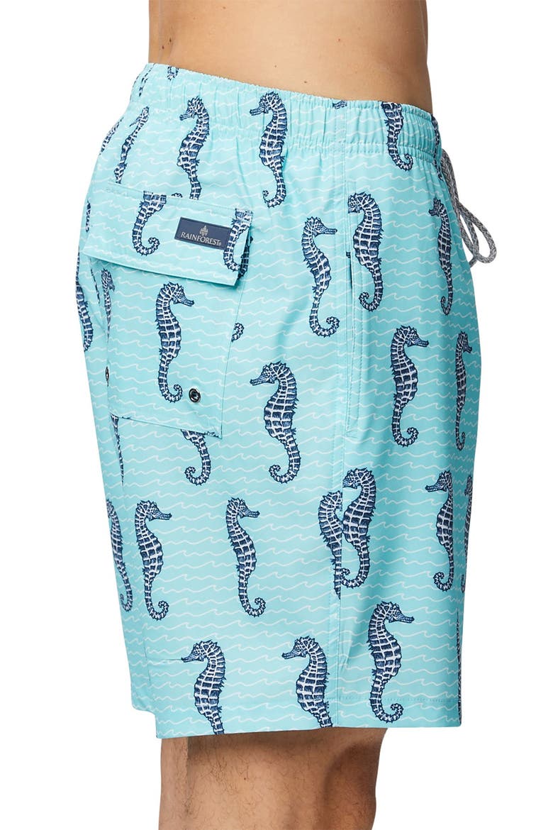 Curled Tails Seahorse Stretch Swim Trunks, Alternate, color, ARUBA BLUE