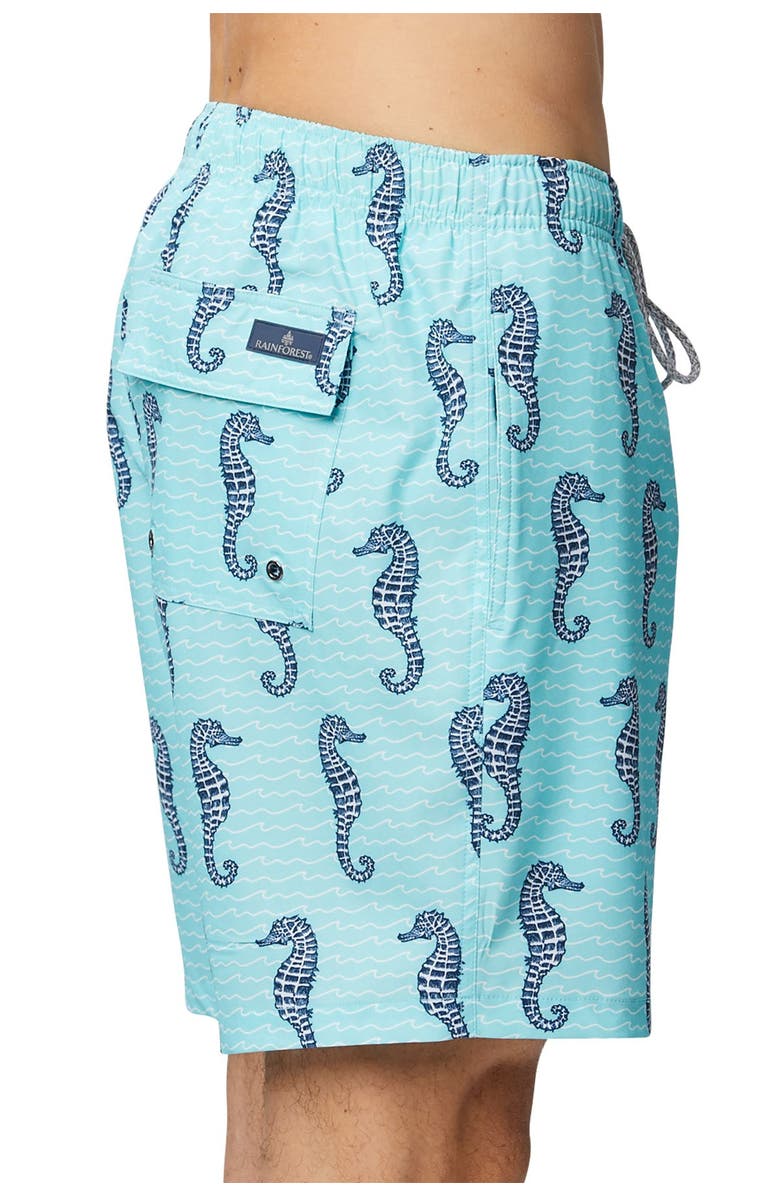 Rainforest Curled Tails Seahorse Stretch Swim Trunks, Alternate, color, Aruba Blue