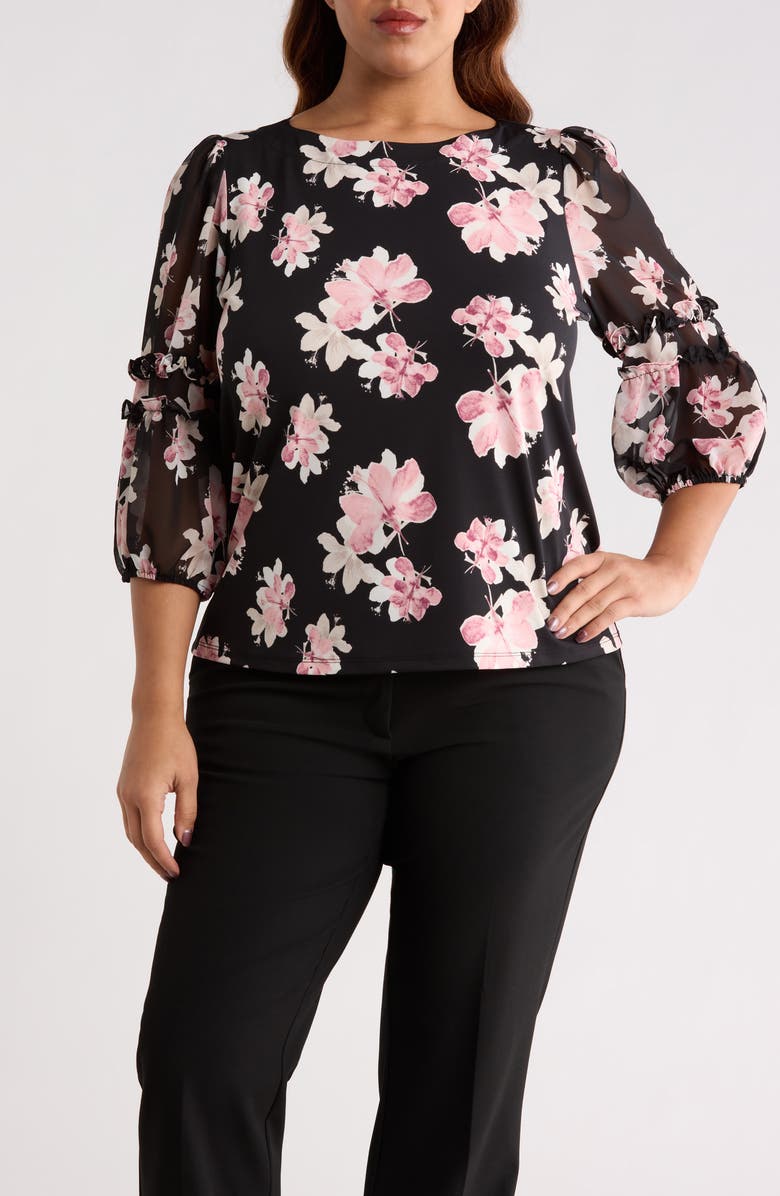 Anne Klein Floral Ruffle Top, Main, color, Anne Black Mult