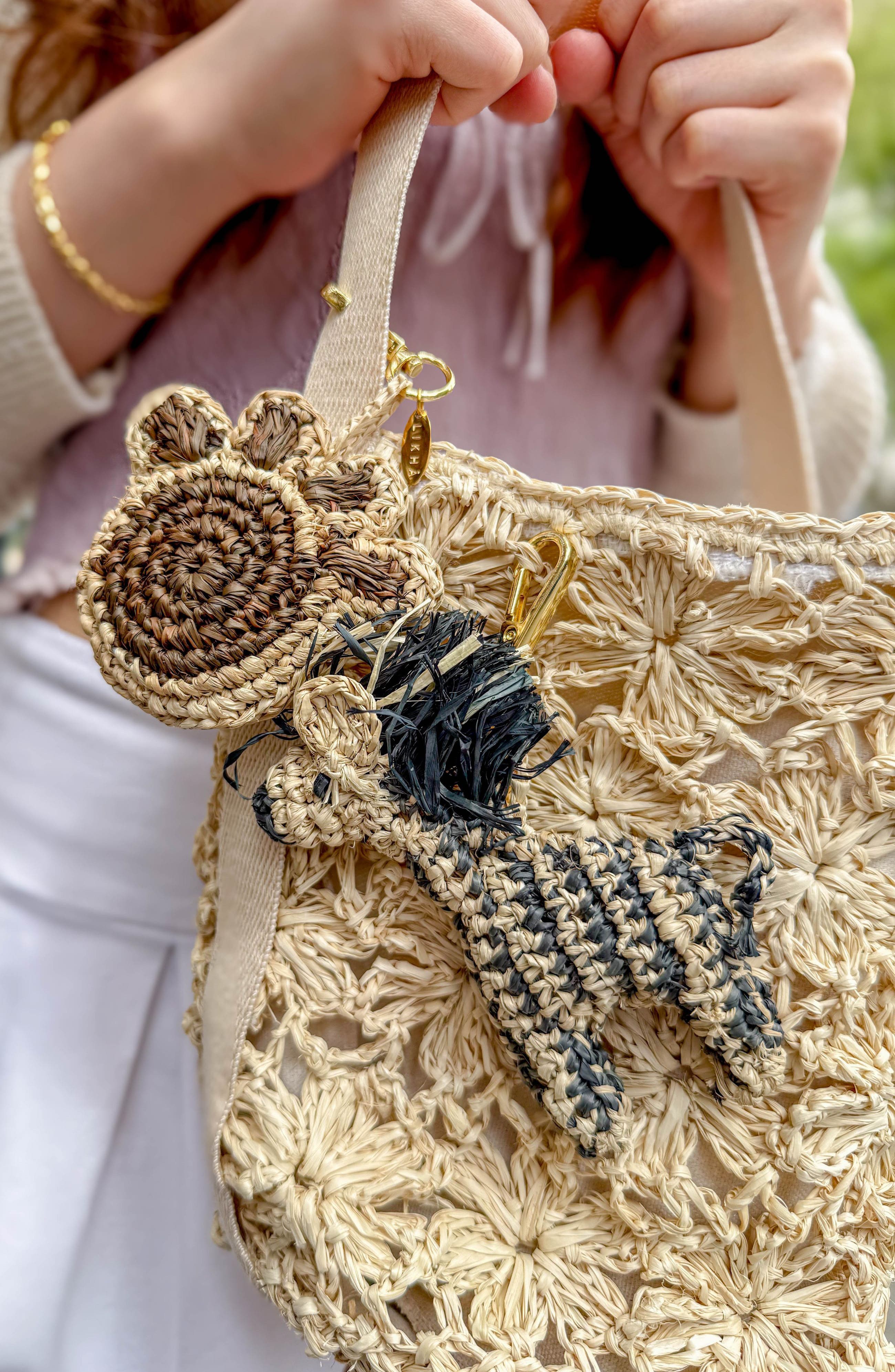 LIKHA Zebra Raffia Bag Charm, Alternate, color, Black And White