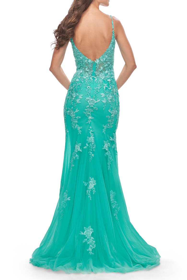 Lace Long Dress with High Side Slit and V Neckline, Alternate, color, Aqua