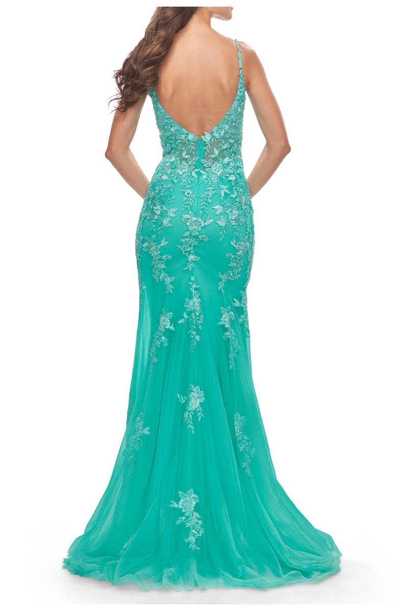 La Femme Lace Long Dress with High Side Slit and V Neckline, Alternate, color, Aqua