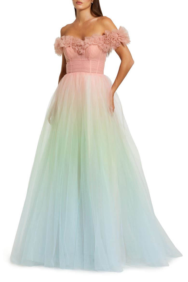 Off The Shoulder Ombre Tulle Ballgown, Main, color, Pink Sorbet
