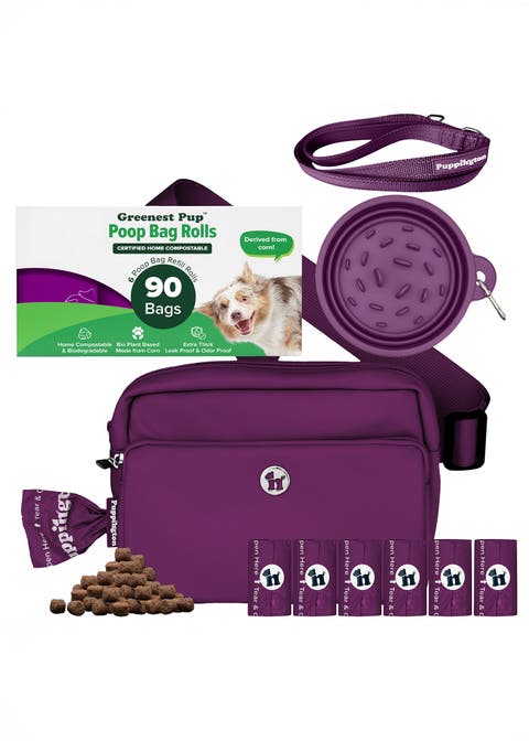 Walk Star Kit 3-in-1 Dog Walk Bag, Bowl, & Leash plus Matching 90 Refill Dog Poop Bags